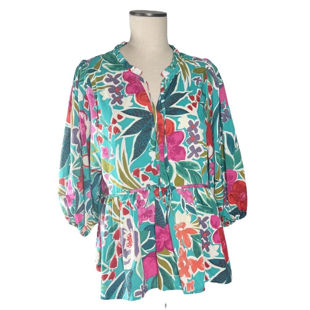 Umgee Multicolor Tropical Floral Peplum Blouse Sz M EUC Garden Party Resort